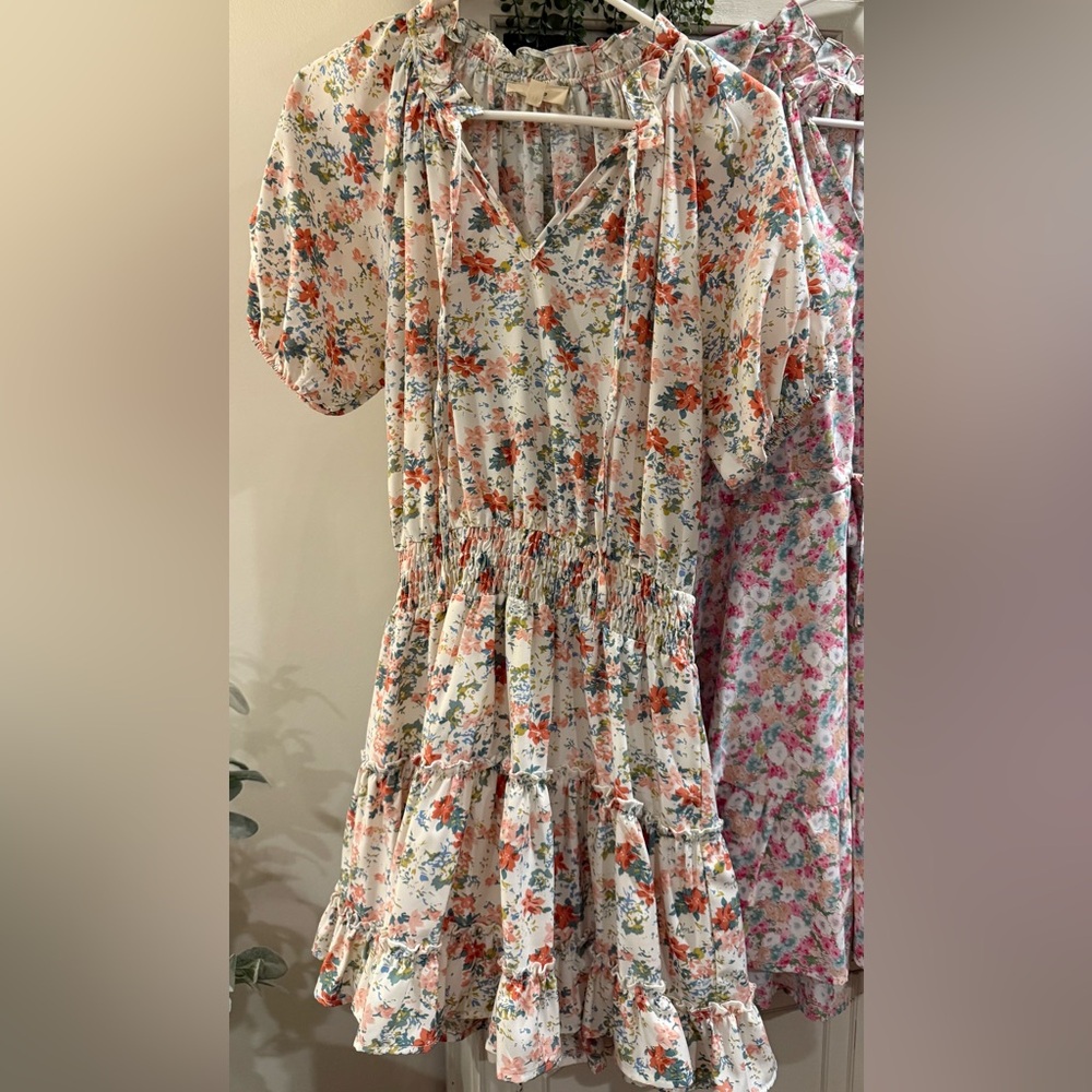 entro White Floral Ruffled Tiered Dress with Orange & Blue Flowers